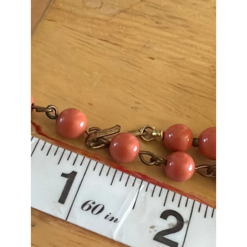 Vintage Style Coral Pink Beaded Multi Strand Gold Tone Chain Necklace